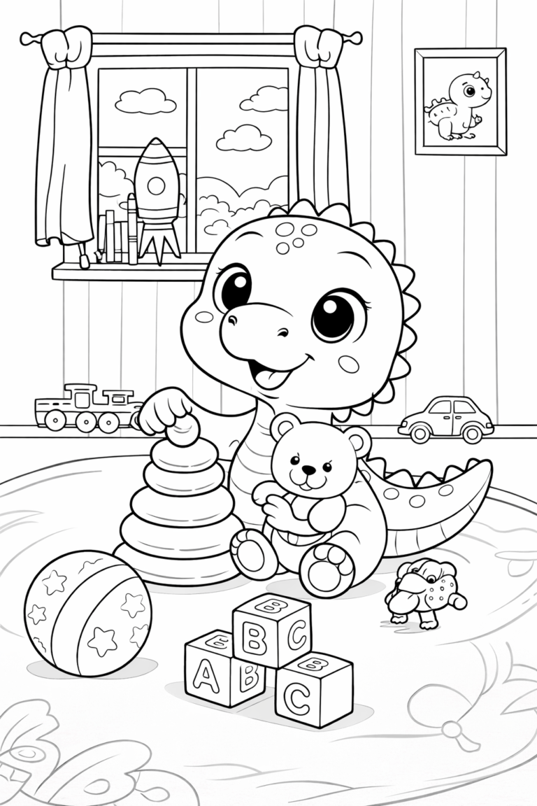 Baby Dinosaur in Toy-Filled Room Coloring Page