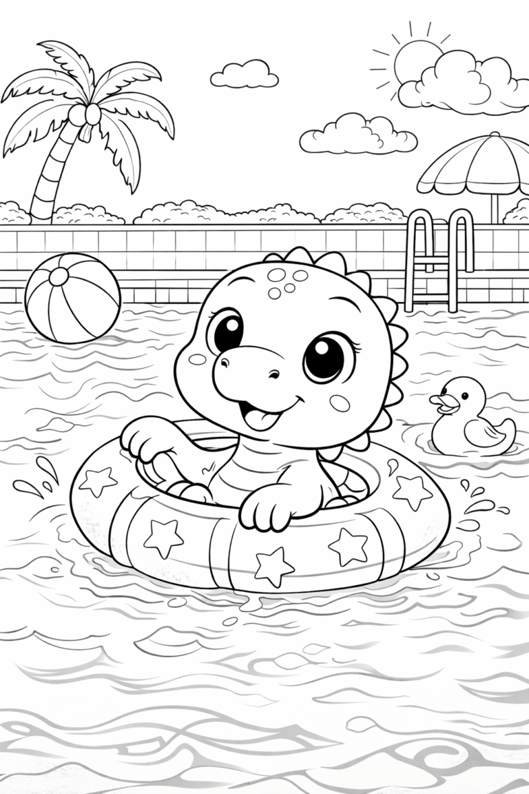Baby Dinosaur Swimming in an Inflatable Ring Coloring Page
