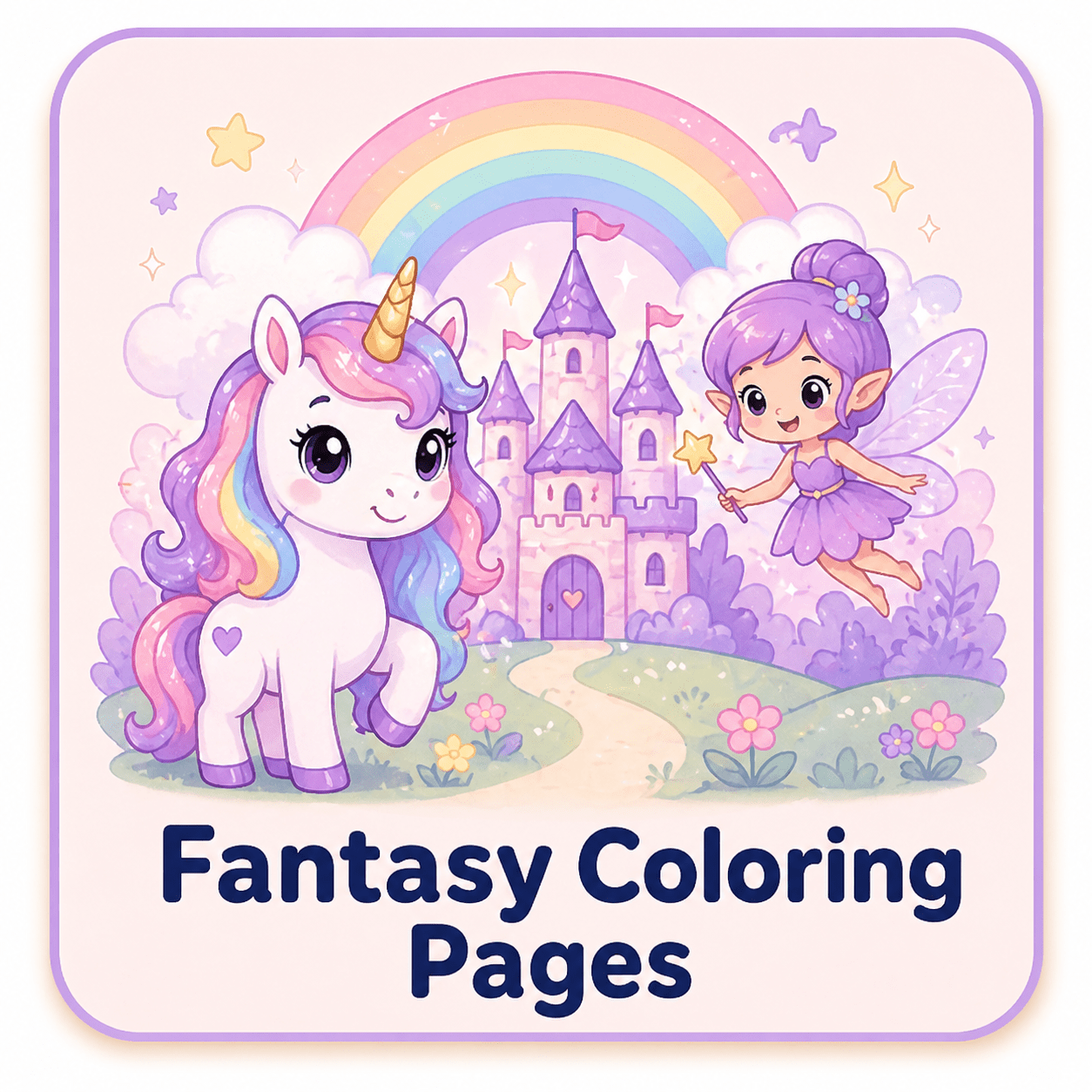 Fantasy coloring pages category with unicorns, dragons, fairies, castles, magic scenes, and imaginative designs for kids