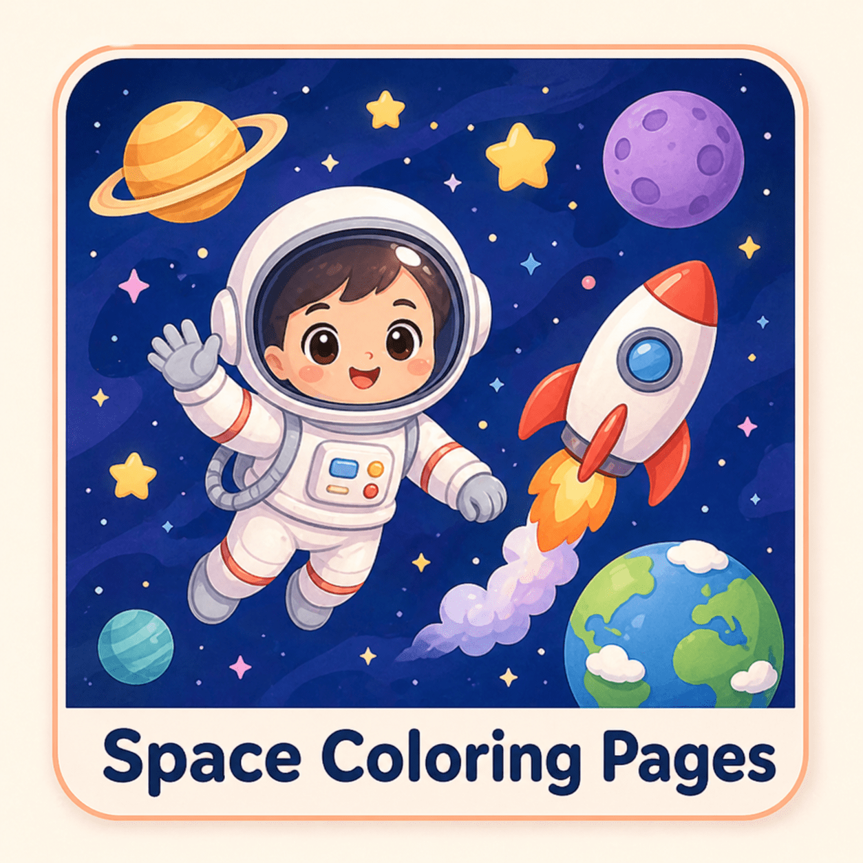 Space coloring pages category with planets, rockets, astronauts, stars, moons, aliens, and galaxy designs for kids