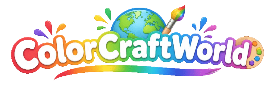 ColorCraftWorld Logo - A colorful, creative design featuring a globe, paintbrush, and vibrant splashes of paint representing a fun world of creativity.