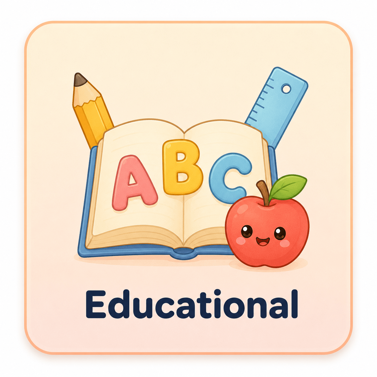 Cute educational icon with ABC letters, open book, pencil, ruler, and smiling apple on a soft peach background.