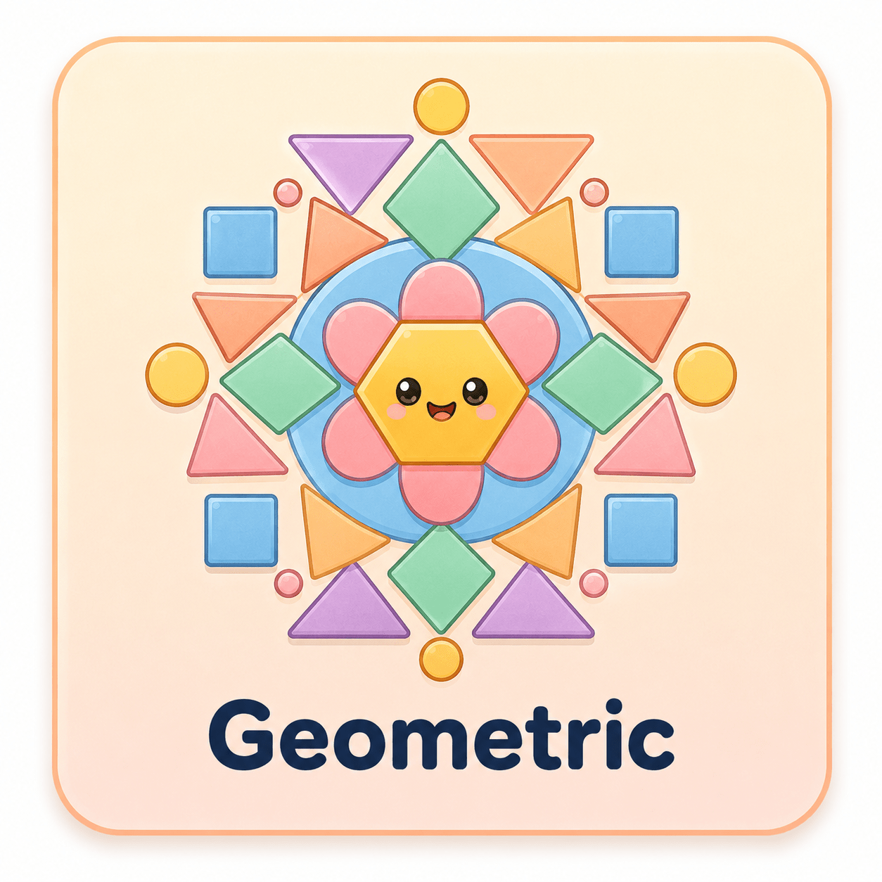Cute geometric icon with colorful shapes, mandala-style pattern, triangles, squares, circles, diamonds, and smiling hexagon center.