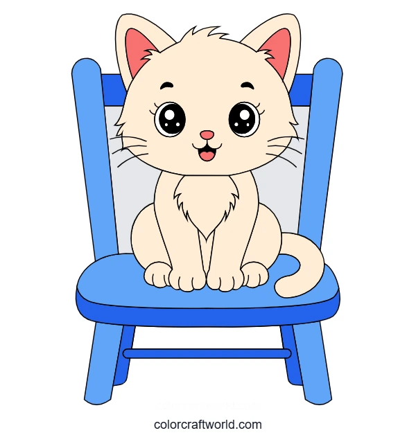 Cute Cat on a Simple Chair Coloring Page colored preview